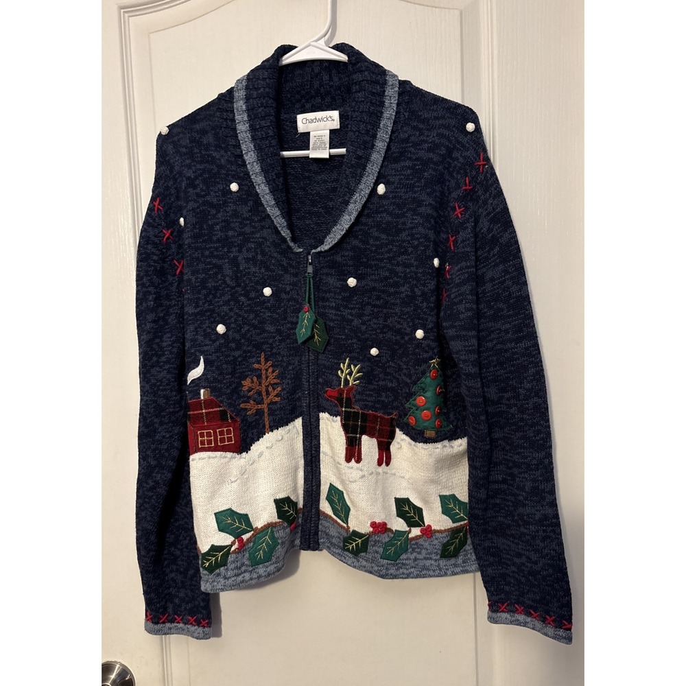 Vintage Christmas Cardigan Sweater, Women's Large Blue Full Zip Ugly Sweater